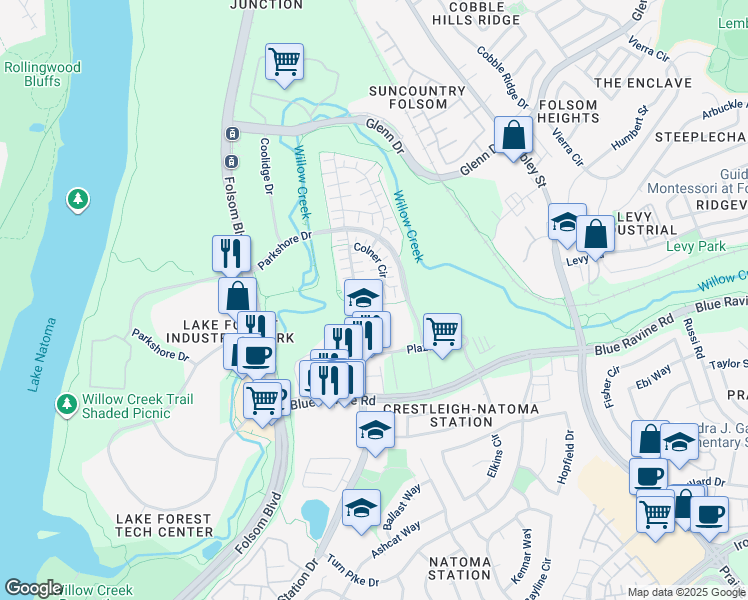 map of restaurants, bars, coffee shops, grocery stores, and more near 240 Colner Circle in Folsom