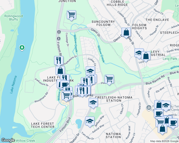 map of restaurants, bars, coffee shops, grocery stores, and more near 240 Colner Circle in Folsom