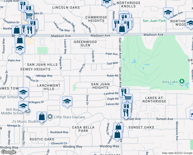 map of restaurants, bars, coffee shops, grocery stores, and more near 7250 Robin Road in Fair Oaks
