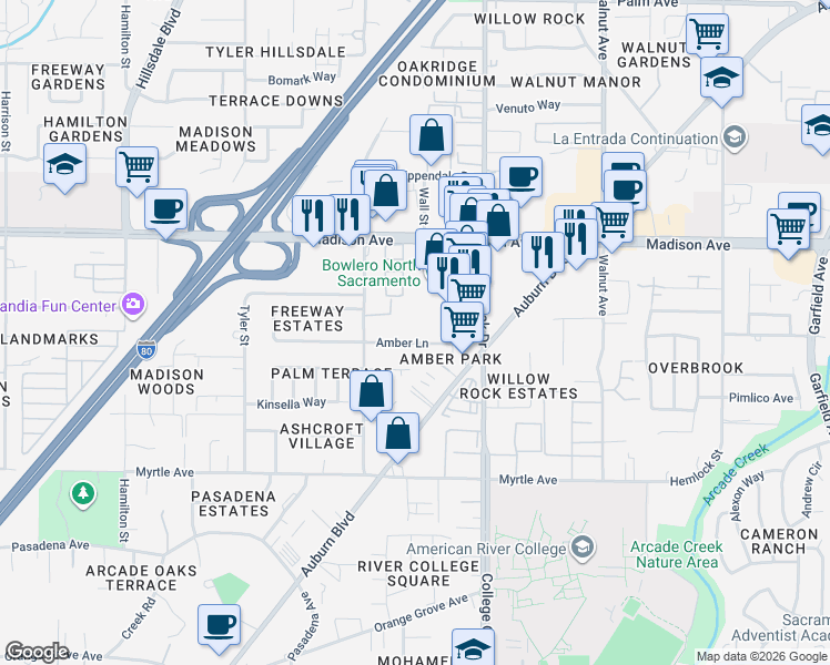 map of restaurants, bars, coffee shops, grocery stores, and more near 4735 Bremner Way in Sacramento