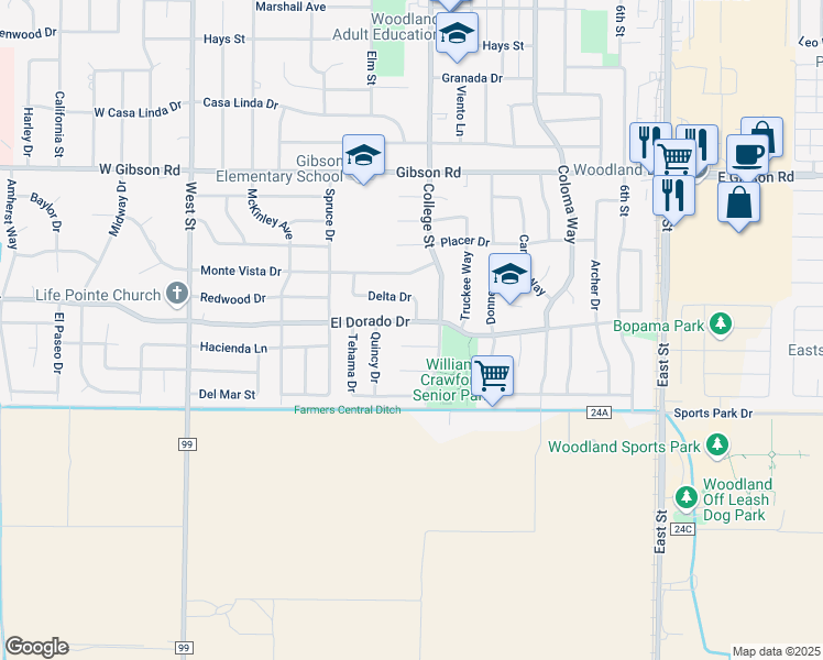 map of restaurants, bars, coffee shops, grocery stores, and more near 423 Colusa Place in Woodland