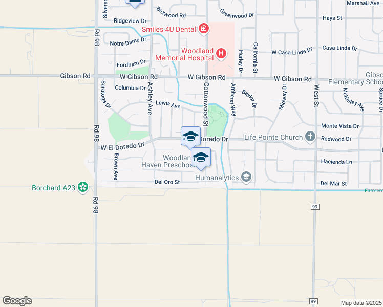 map of restaurants, bars, coffee shops, grocery stores, and more near 1716 Cottonwood Street in Woodland
