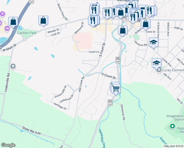 map of restaurants, bars, coffee shops, grocery stores, and more near 191 South Court Street in Luray