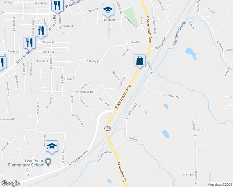 map of restaurants, bars, coffee shops, grocery stores, and more near 1114 Cherokee Street in Collinsville