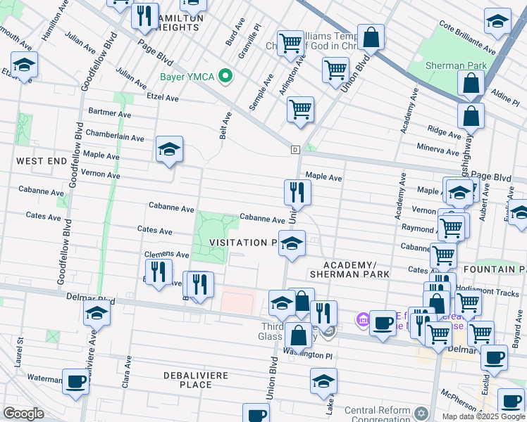 map of restaurants, bars, coffee shops, grocery stores, and more near 5353 Cabanne Avenue in St. Louis