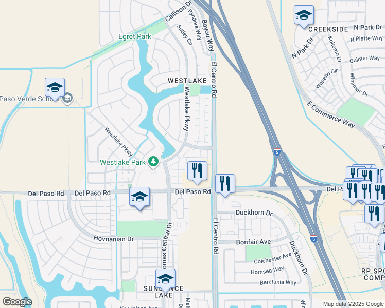 map of restaurants, bars, coffee shops, grocery stores, and more near 4800 Westlake Parkway in Sacramento