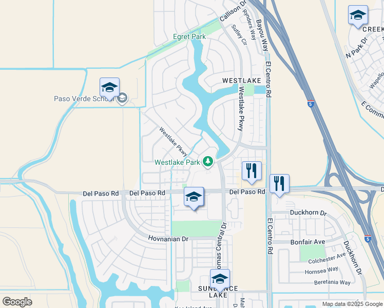 map of restaurants, bars, coffee shops, grocery stores, and more near 110 Hawkcrest Circle in Sacramento