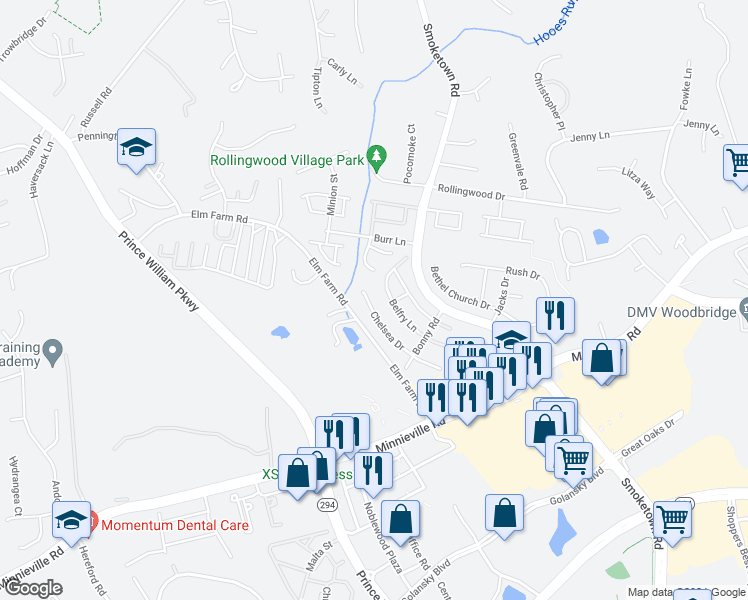 map of restaurants, bars, coffee shops, grocery stores, and more near 3442 Chelsea Drive in Woodbridge