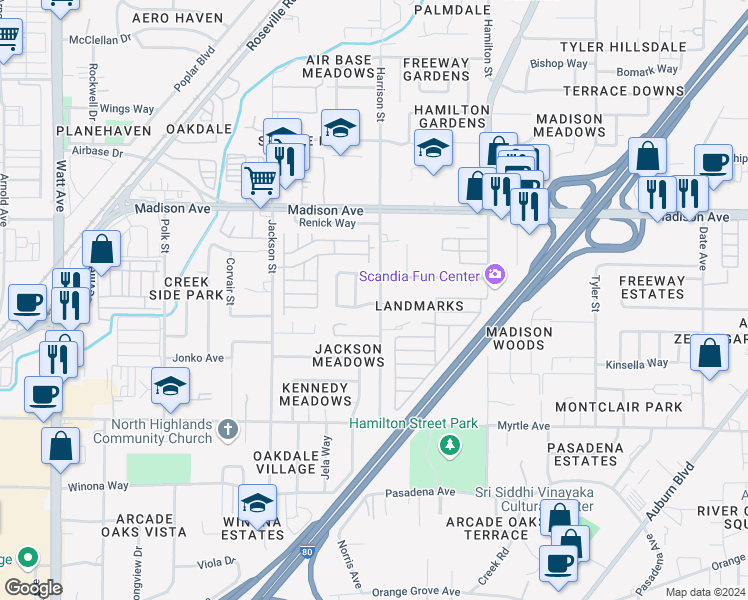 map of restaurants, bars, coffee shops, grocery stores, and more near 5017 Harrison Street in North Highlands