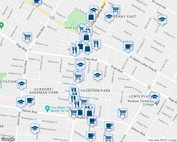 map of restaurants, bars, coffee shops, grocery stores, and more near Aubert Avenue in St. Louis