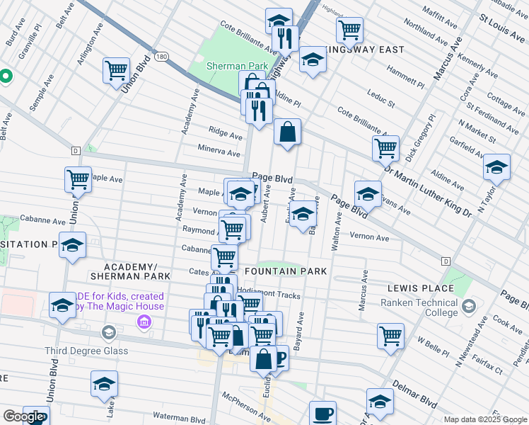 map of restaurants, bars, coffee shops, grocery stores, and more near Aubert Avenue in St. Louis