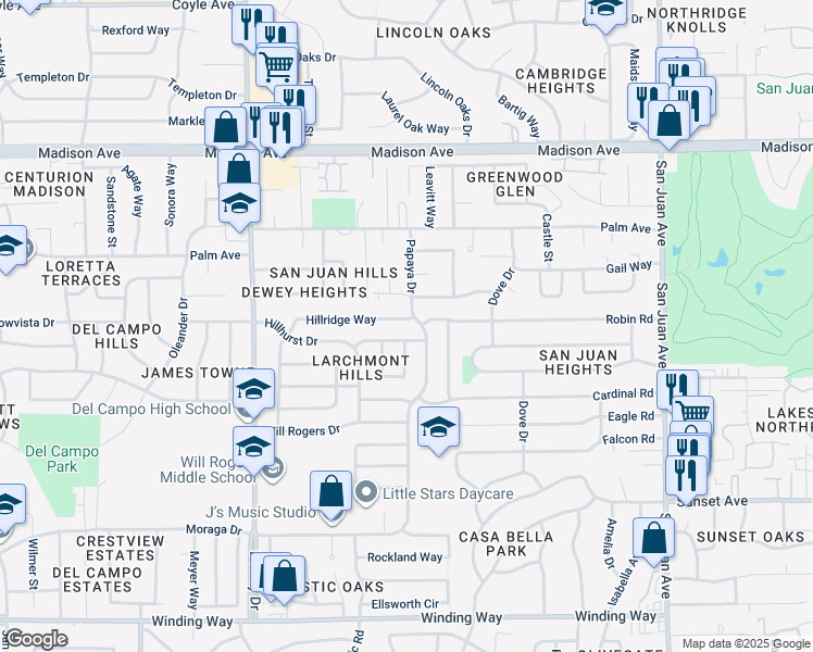 map of restaurants, bars, coffee shops, grocery stores, and more near 6905 Somerville Way in Fair Oaks