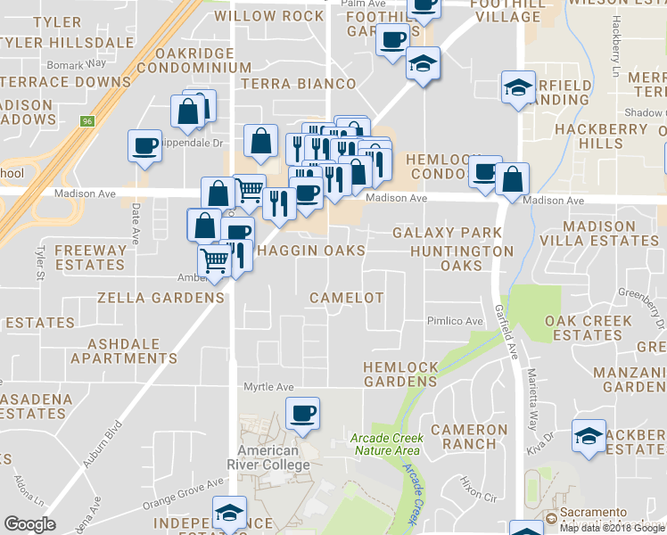map of restaurants, bars, coffee shops, grocery stores, and more near 5024 Walnut Avenue in Sacramento