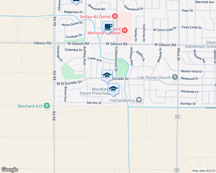 map of restaurants, bars, coffee shops, grocery stores, and more near 1716 Cottonwood Street in Woodland