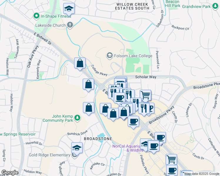 map of restaurants, bars, coffee shops, grocery stores, and more near 75 Scholar Way in Folsom