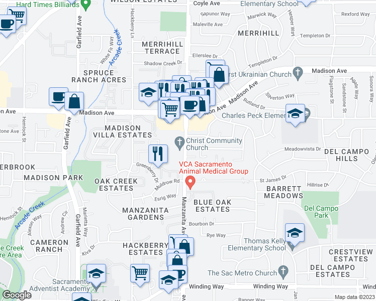 map of restaurants, bars, coffee shops, grocery stores, and more near 5030 Manzanita Avenue in Carmichael