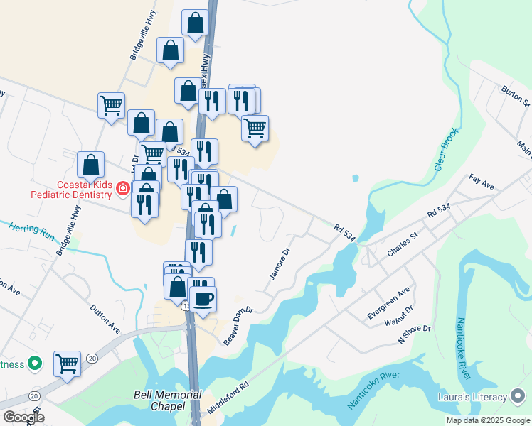 map of restaurants, bars, coffee shops, grocery stores, and more near 23058 Meadow Wood Court in Seaford