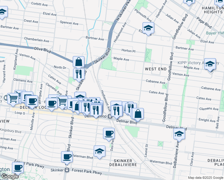 map of restaurants, bars, coffee shops, grocery stores, and more near 6036 Cates Avenue in St. Louis