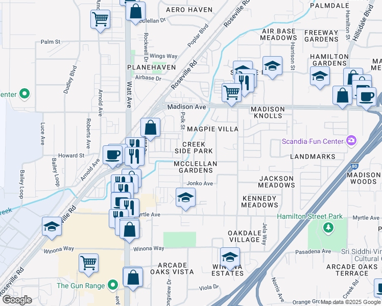 map of restaurants, bars, coffee shops, grocery stores, and more near 3737 Lenore Way in North Highlands