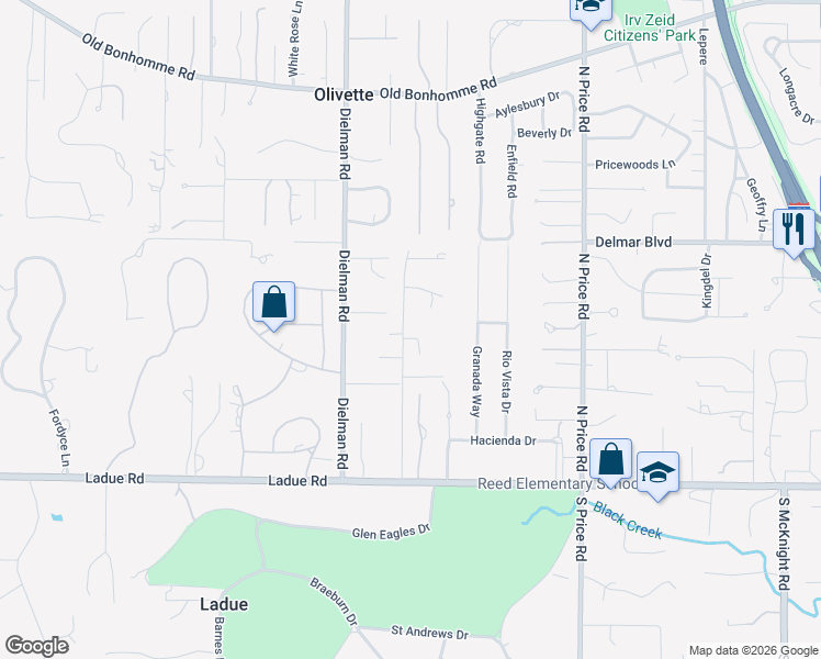 map of restaurants, bars, coffee shops, grocery stores, and more near 1 Graybridge Lane in St. Louis