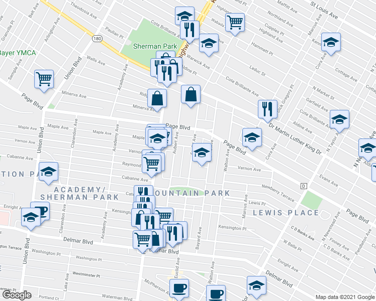 map of restaurants, bars, coffee shops, grocery stores, and more near 1227 North Euclid Avenue in St. Louis
