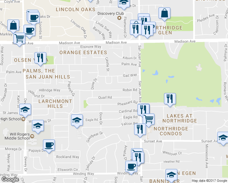 map of restaurants, bars, coffee shops, grocery stores, and more near 7250 Robin Road in Fair Oaks