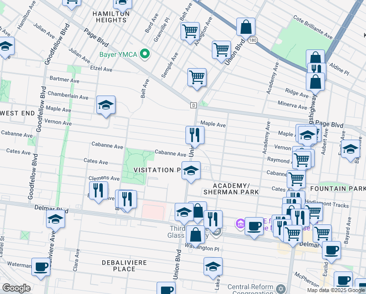 map of restaurants, bars, coffee shops, grocery stores, and more near 5309 Cabanne Avenue in St. Louis