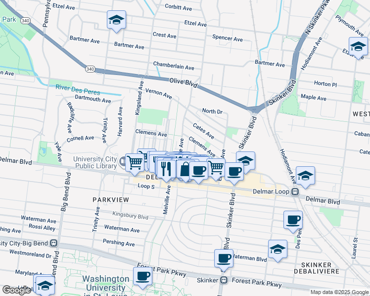 map of restaurants, bars, coffee shops, grocery stores, and more near 736 Westgate Avenue in University City