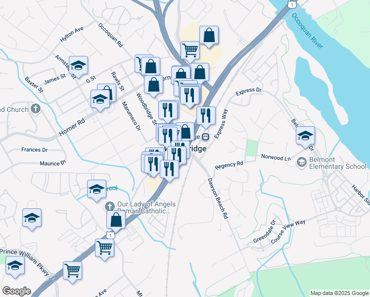 map of restaurants, bars, coffee shops, grocery stores, and more near in Woodbridge