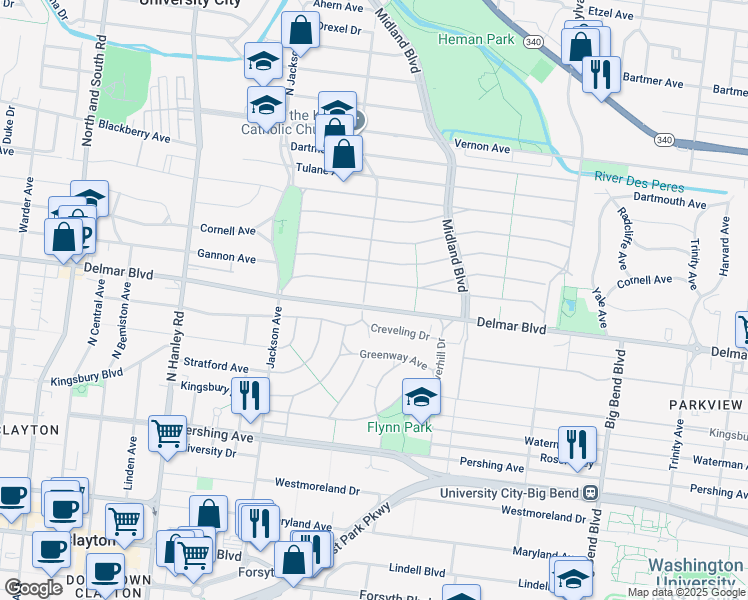 map of restaurants, bars, coffee shops, grocery stores, and more near 7269 Delmar Boulevard in St. Louis