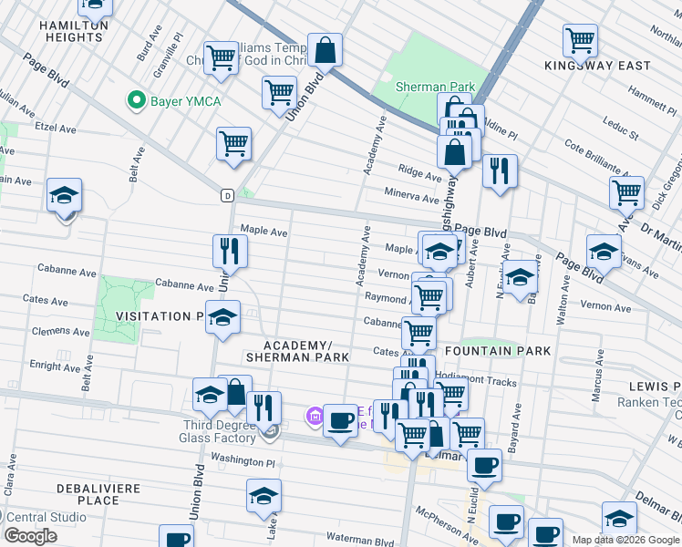 map of restaurants, bars, coffee shops, grocery stores, and more near 5122 Vernon Avenue in St. Louis