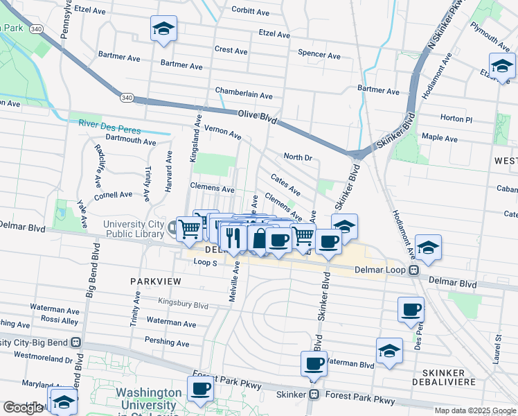 map of restaurants, bars, coffee shops, grocery stores, and more near 736 Westgate Avenue in University City