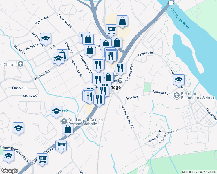 map of restaurants, bars, coffee shops, grocery stores, and more near 1761 River Bend Way in Woodbridge