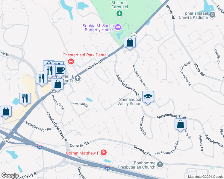 map of restaurants, bars, coffee shops, grocery stores, and more near 1025 Chesterfield Pointe Parkway in Chesterfield