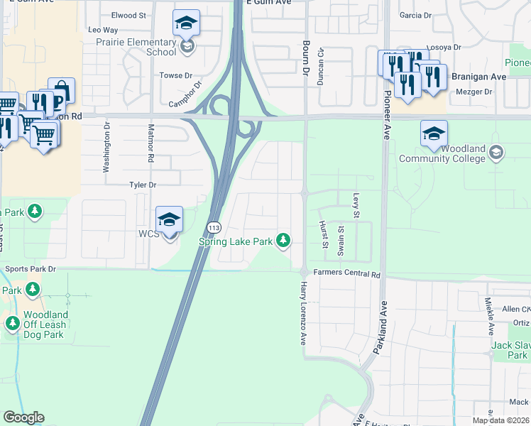 map of restaurants, bars, coffee shops, grocery stores, and more near 1938 Brogan Drive in Woodland
