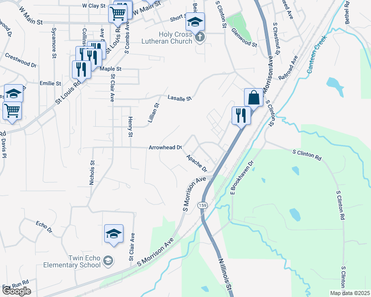 map of restaurants, bars, coffee shops, grocery stores, and more near 1002 Apache Drive in Collinsville