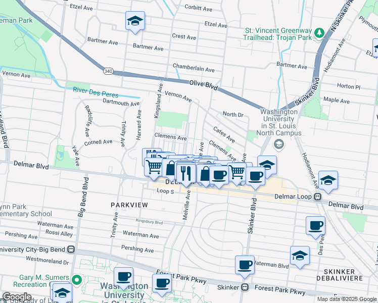 map of restaurants, bars, coffee shops, grocery stores, and more near 735 Leland Avenue in University City