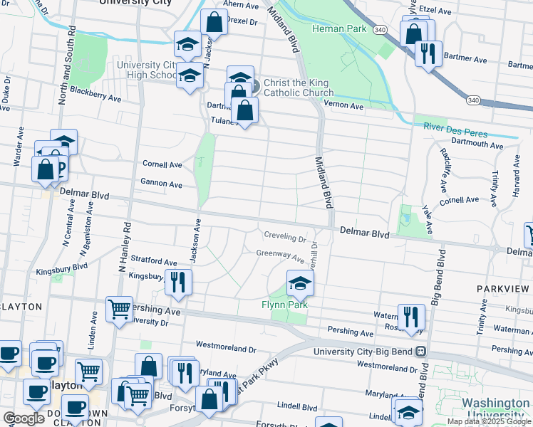map of restaurants, bars, coffee shops, grocery stores, and more near 7269 Delmar Boulevard in St. Louis