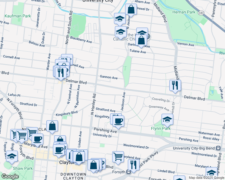 map of restaurants, bars, coffee shops, grocery stores, and more near 7429 Teasdale Avenue in University City