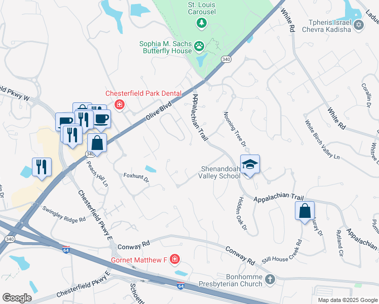 map of restaurants, bars, coffee shops, grocery stores, and more near 1025 Chesterfield Pointe Parkway in Chesterfield
