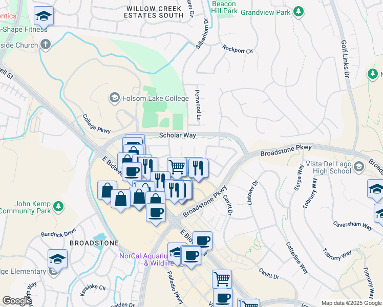 map of restaurants, bars, coffee shops, grocery stores, and more near 549 Kilsyth Court in Folsom