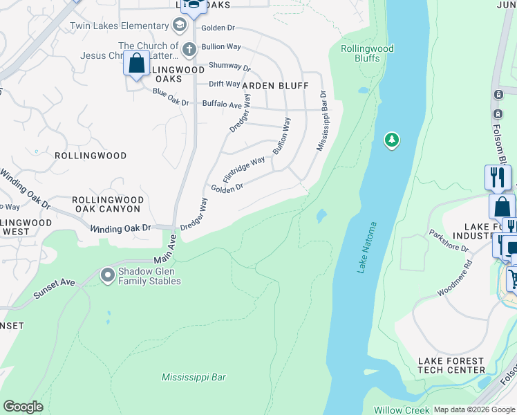 map of restaurants, bars, coffee shops, grocery stores, and more near 5132 Mississippi Bar Drive in Orangevale