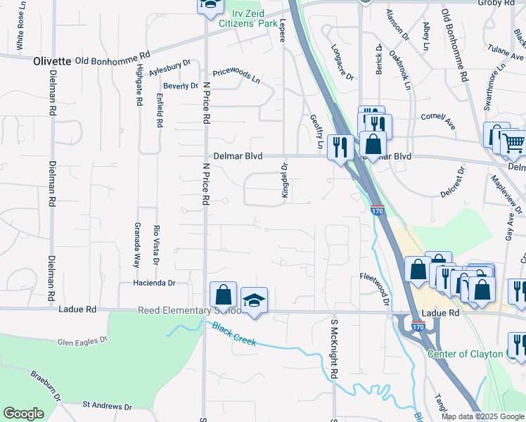 map of restaurants, bars, coffee shops, grocery stores, and more near 8724 West Kingsbury Avenue in St. Louis