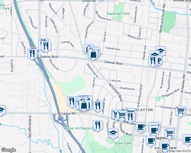 map of restaurants, bars, coffee shops, grocery stores, and more near 8102 Teasdale Avenue in University City