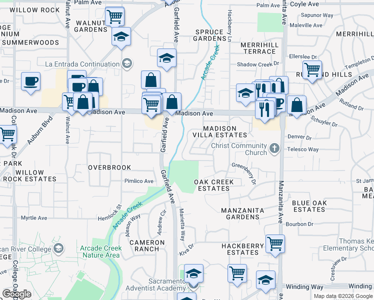 map of restaurants, bars, coffee shops, grocery stores, and more near 5130 Connecticut Drive in Sacramento