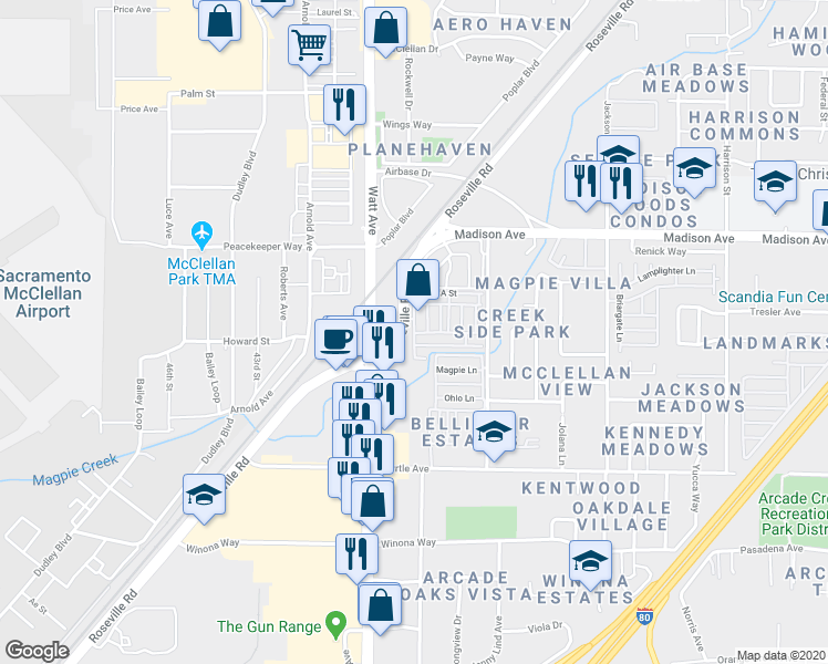 map of restaurants, bars, coffee shops, grocery stores, and more near 2731 D Street in North Highlands