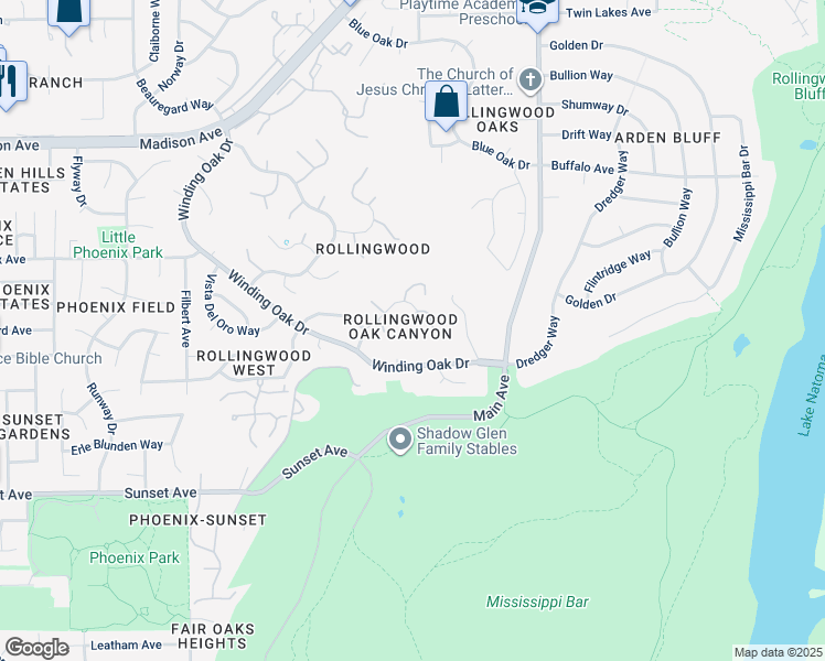 map of restaurants, bars, coffee shops, grocery stores, and more near 9290 South Ravine Lane in Fair Oaks