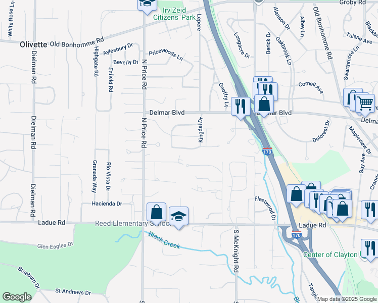 map of restaurants, bars, coffee shops, grocery stores, and more near 8724 West Kingsbury Avenue in St. Louis