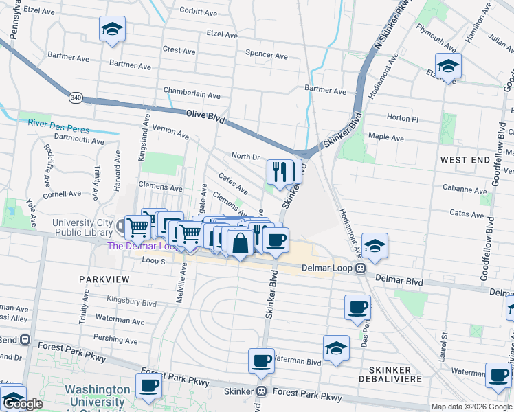 map of restaurants, bars, coffee shops, grocery stores, and more near 6260 Cates Avenue in St. Louis