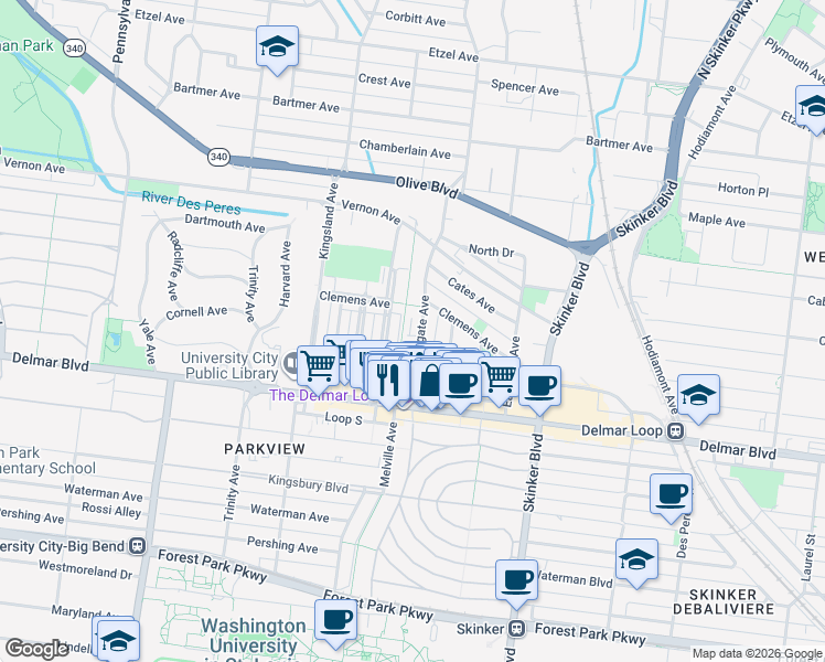 map of restaurants, bars, coffee shops, grocery stores, and more near 739 Westgate Ave in St Louis